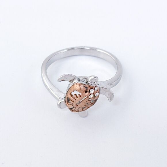 Vintage Sterling Silver 925 Cubic Zirconia Two-Tone Sea Turtle Ring Size 8 - Picture 3 of 9